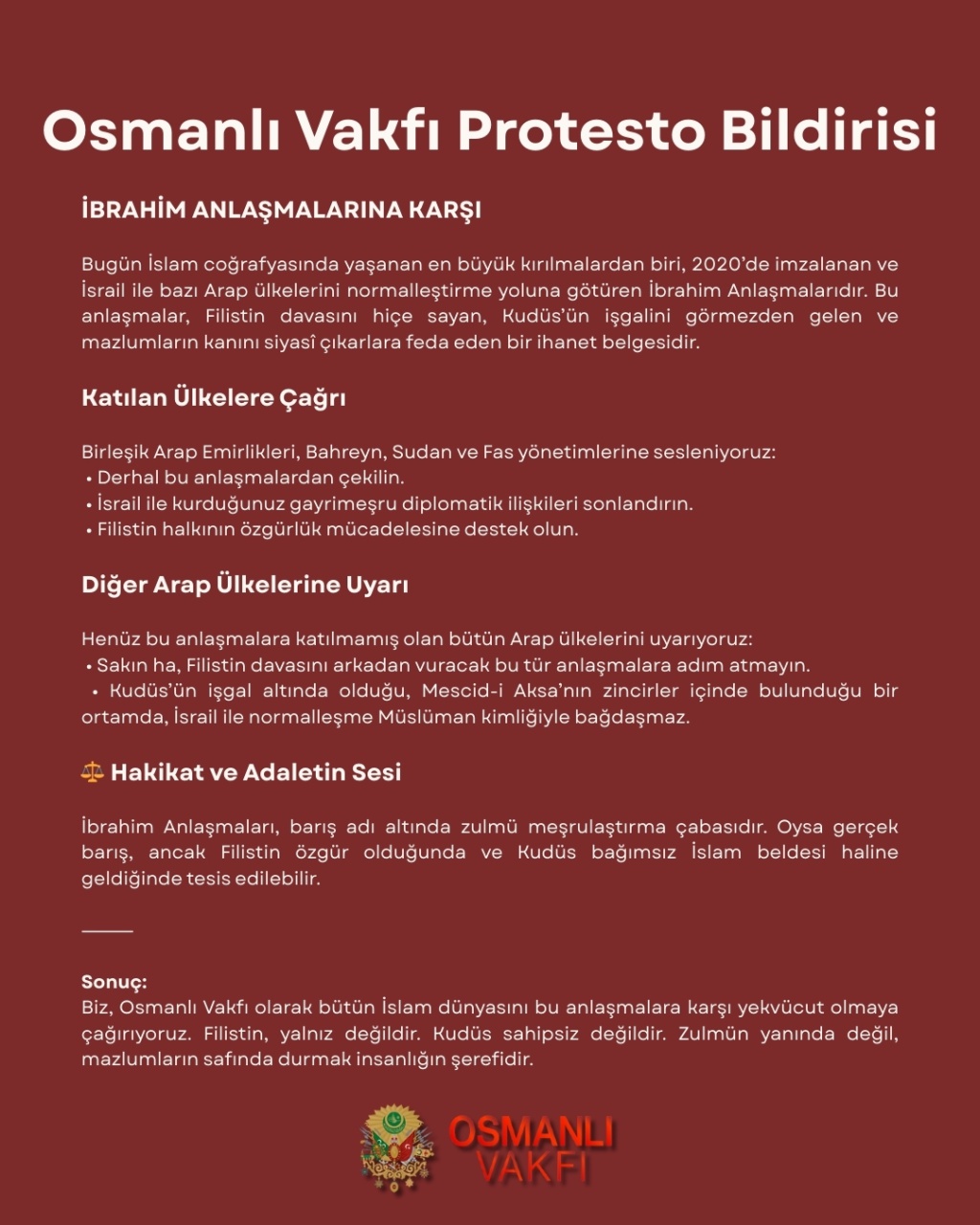 OSMANLI VAKFI PROTESTO BİLDİRİSİ