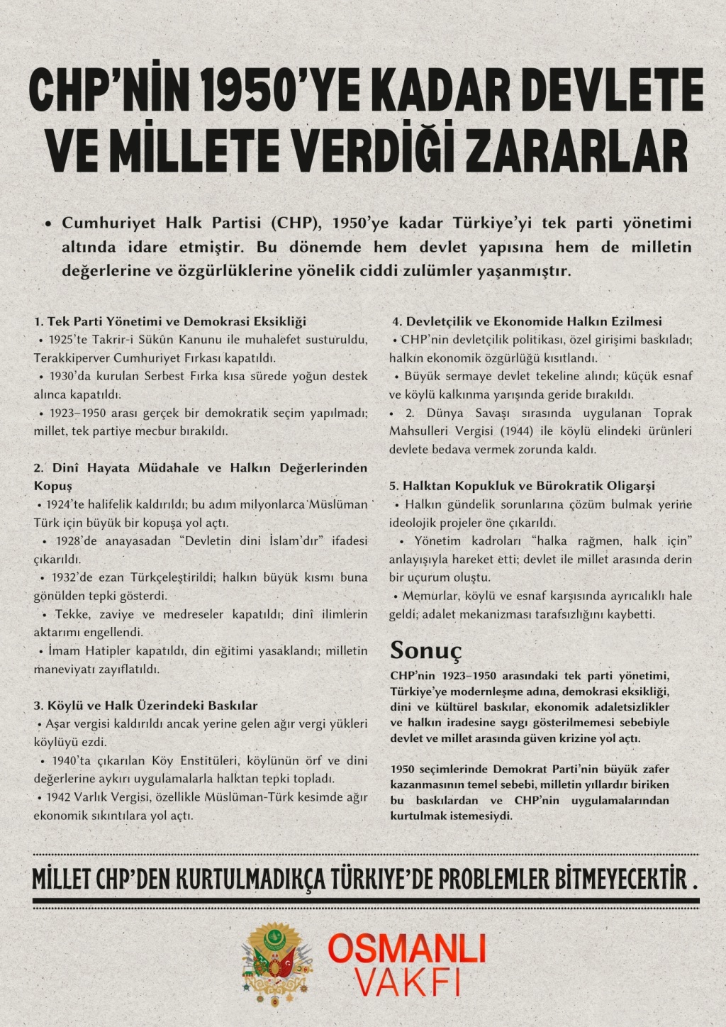 CHP'NİN 1950'YE KADAR DEVLETE VE MİLLETE VERDİĞİ ZARAR