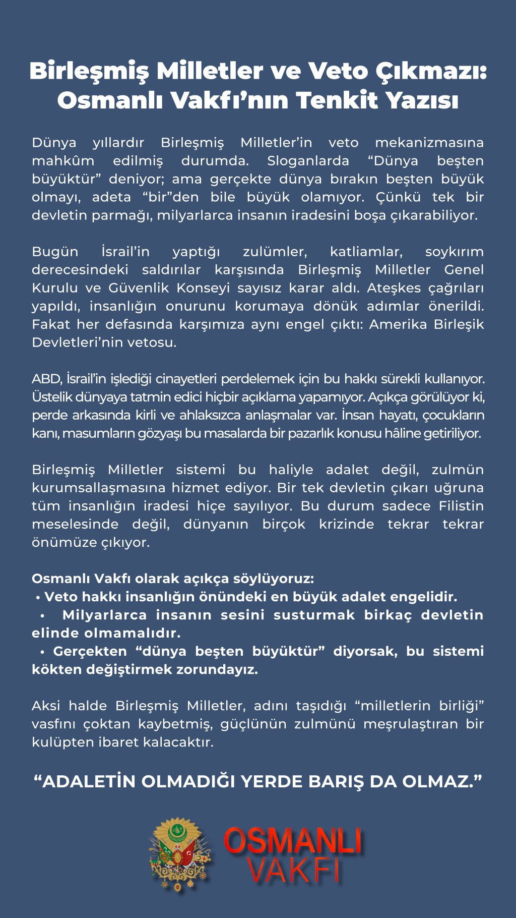 BİRLEŞMİŞ MİLLETLER VE VETO ÇIKMAZI : OSMANLI VAKFI TENKİT YAZISI
