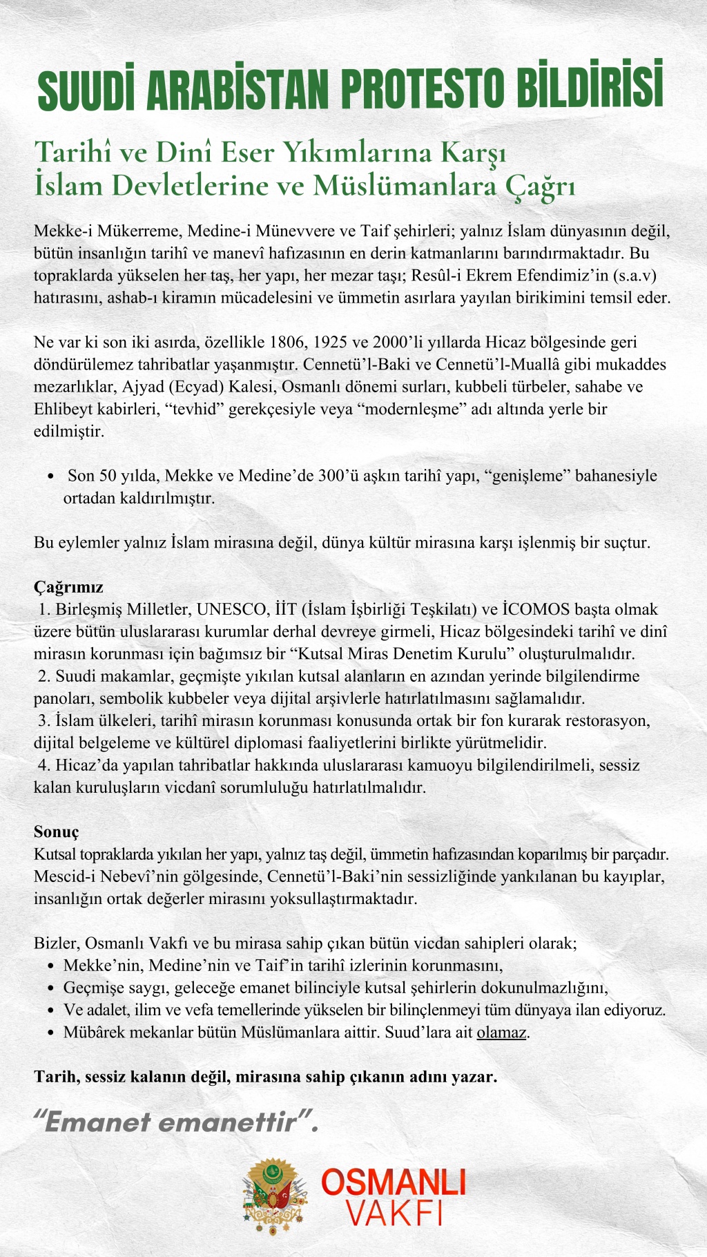 SUUDİ ARABİSTAN PROTESTO BİLDİRİSİ