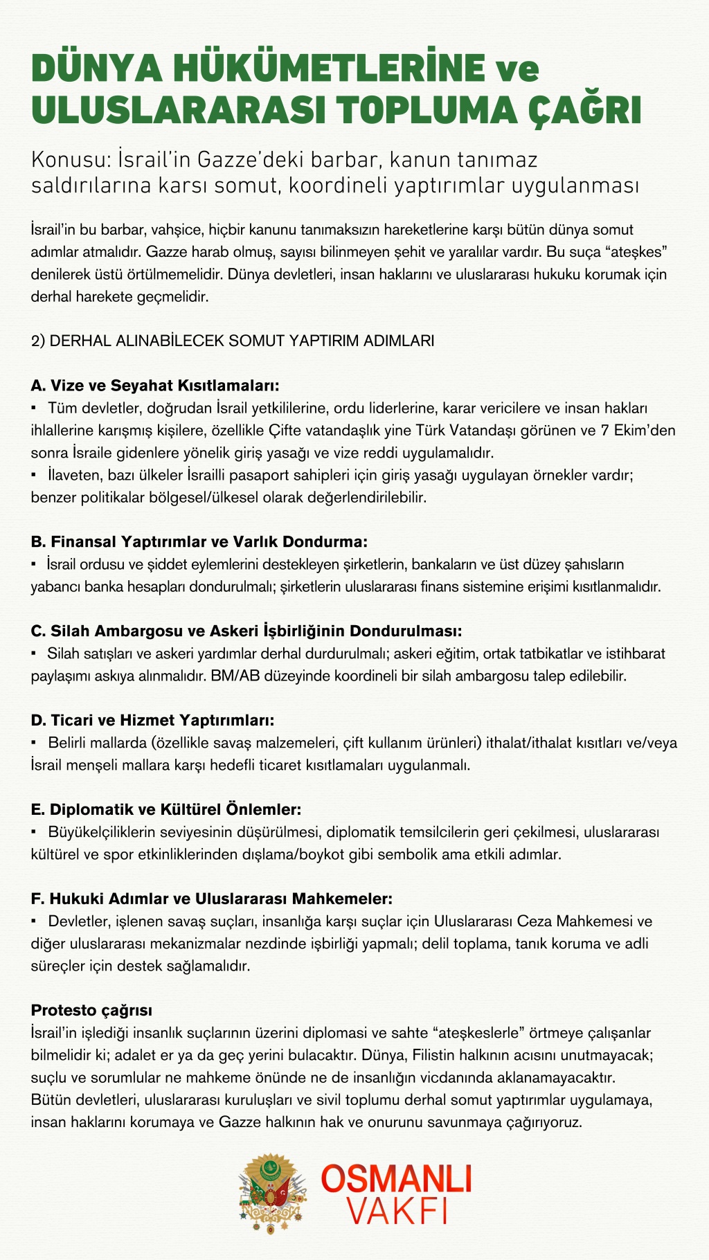 DÜNYA HÜKÜMETLERİNE VE ULUSLARARASI TOPLUMA ÇAĞRI