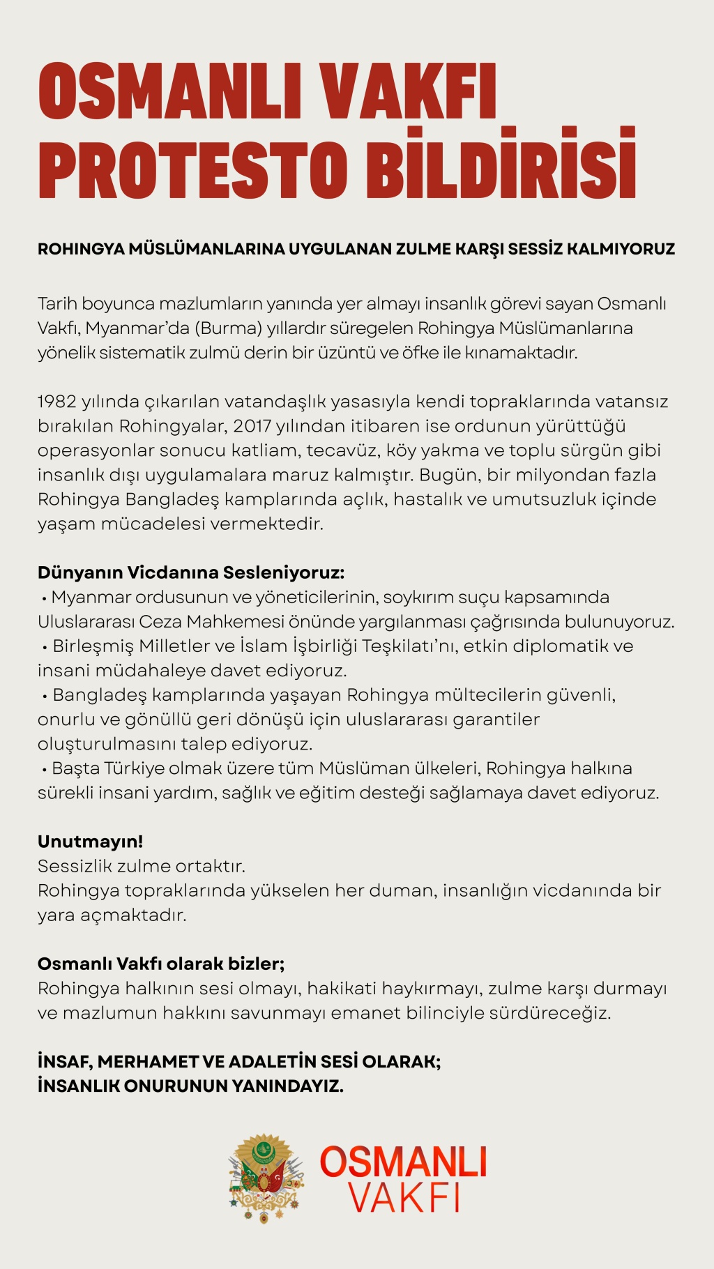 ROHINGYA MÜSLÜMANLARINA UYGULALAN ZULME KARŞI SESSİZ KALMIYORUZ