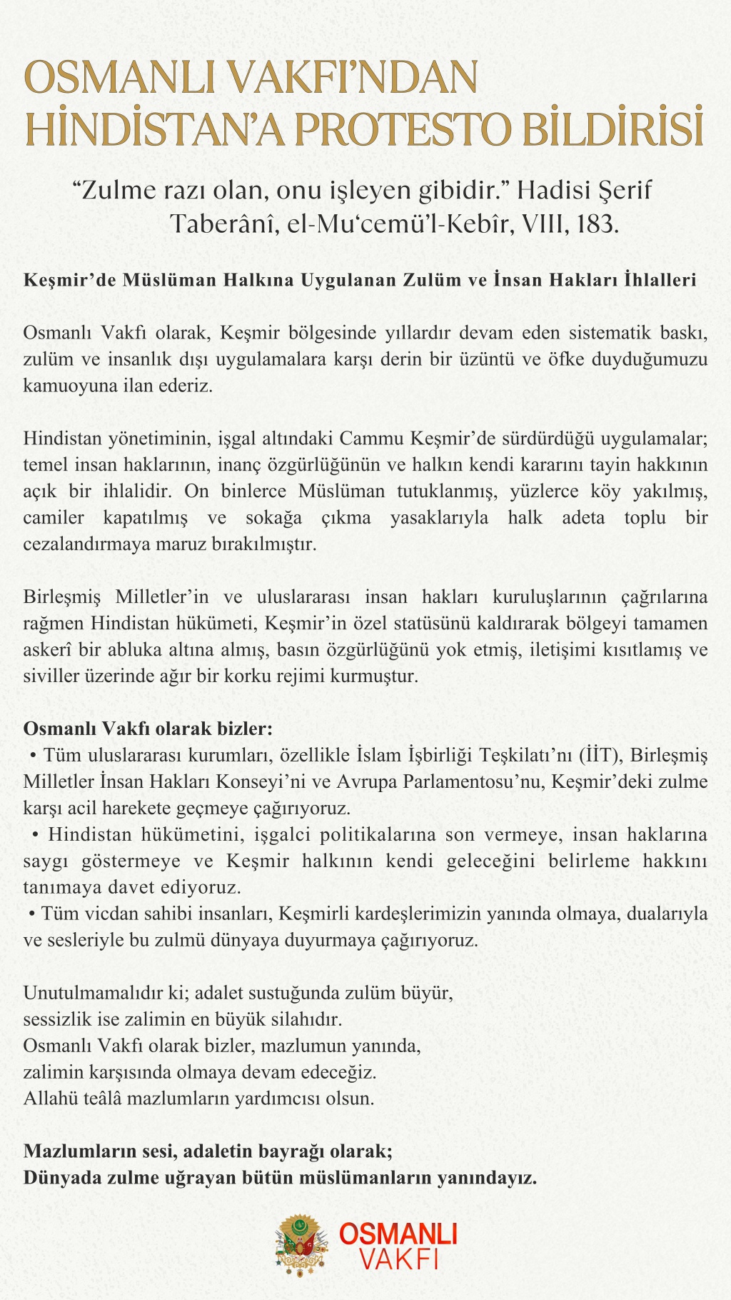 OSMANLI VAKFINDAN HİNDİSTAN'A PROTESTO BİLDİRİSİ