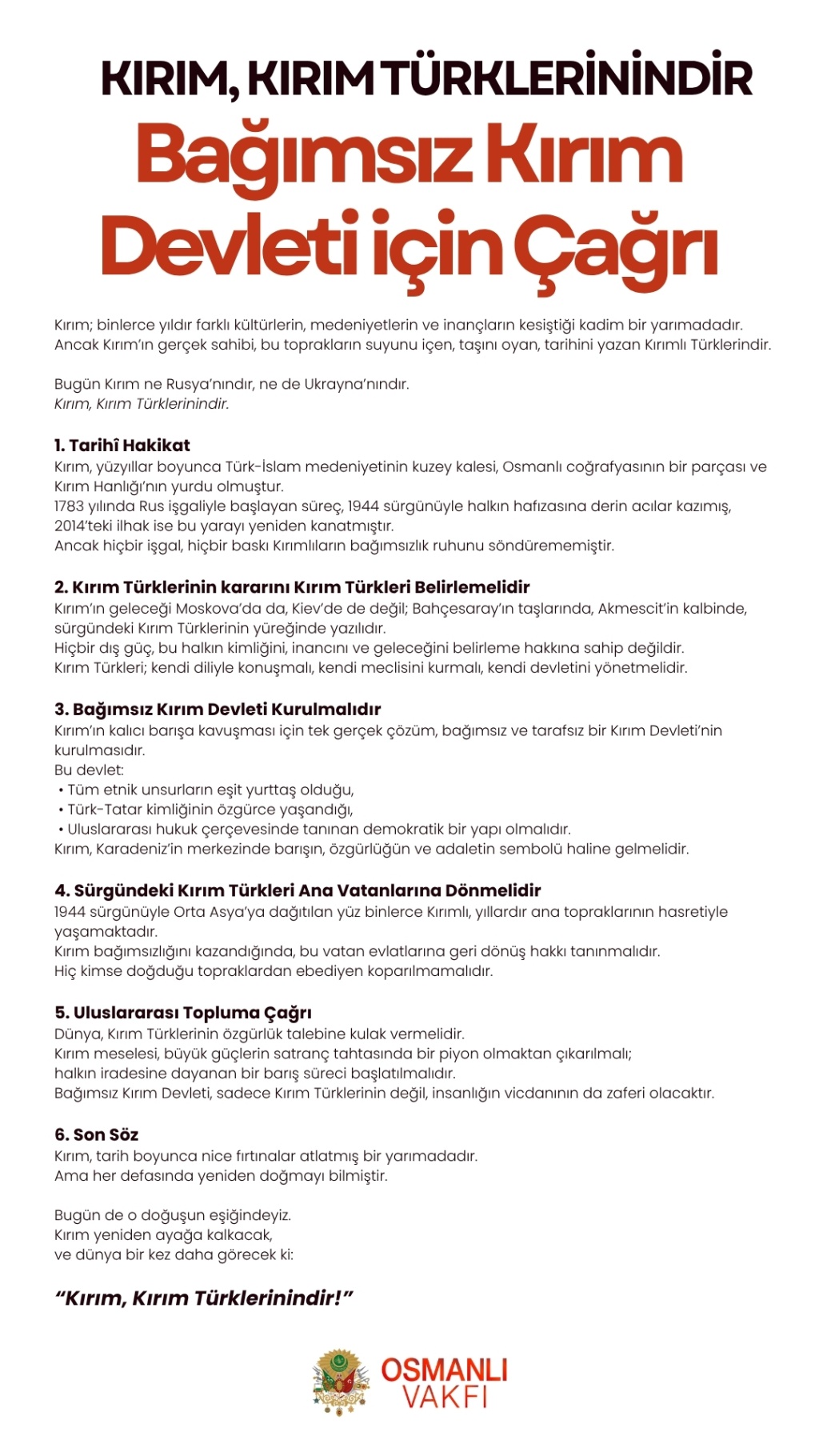 BAĞIMSIZ KIRIM DEVLETİ İÇİN ÇAĞRI