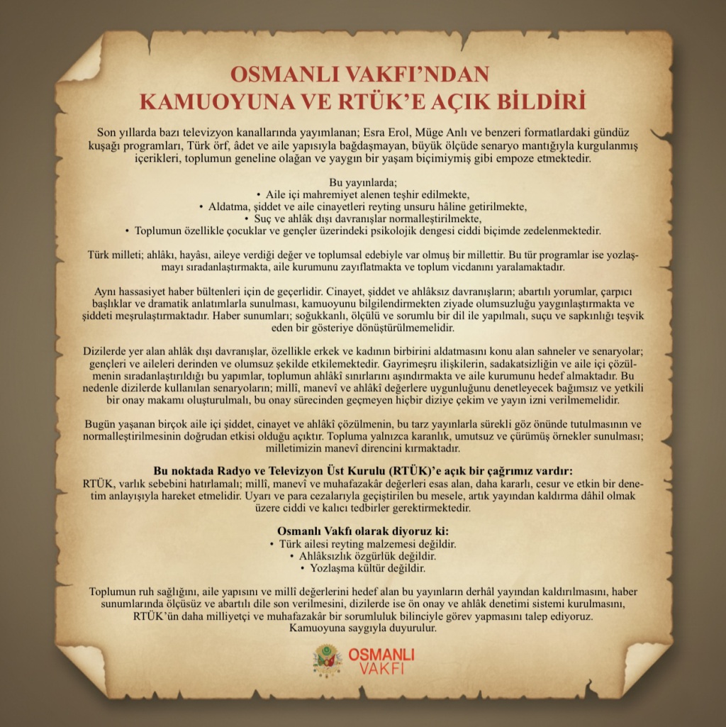 Osmanlı Vakfı'ndan Kamuoyuna ve RTÜK'e Açık Bildiri